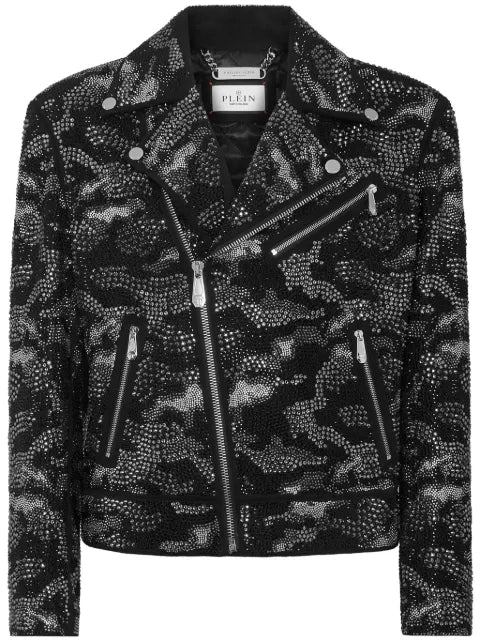 Philipp Plein strass leather biker jacket camouflage
