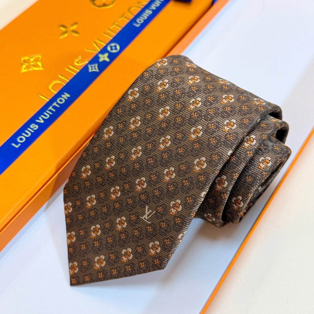 Louis Vuitton Style Men's Floral Monogram Silk Tie