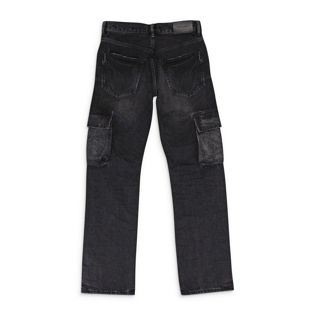 Black P011 Distressed Straight Leg Cargo Jeans