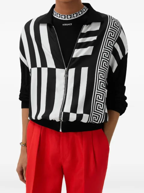 Versace knit zip cardigan with printed silk inserts