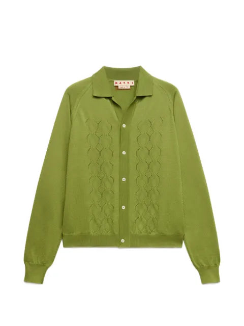 Marni green techno knit cardigan with polo collar