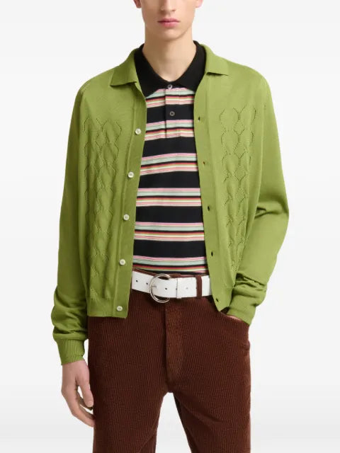 Marni green techno knit cardigan with polo collar