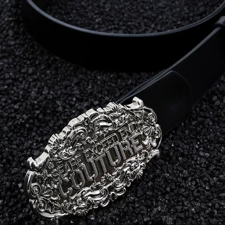 Startexceedend Leather Belt Silver Ornate Logo Metal Buckle Waist Belt