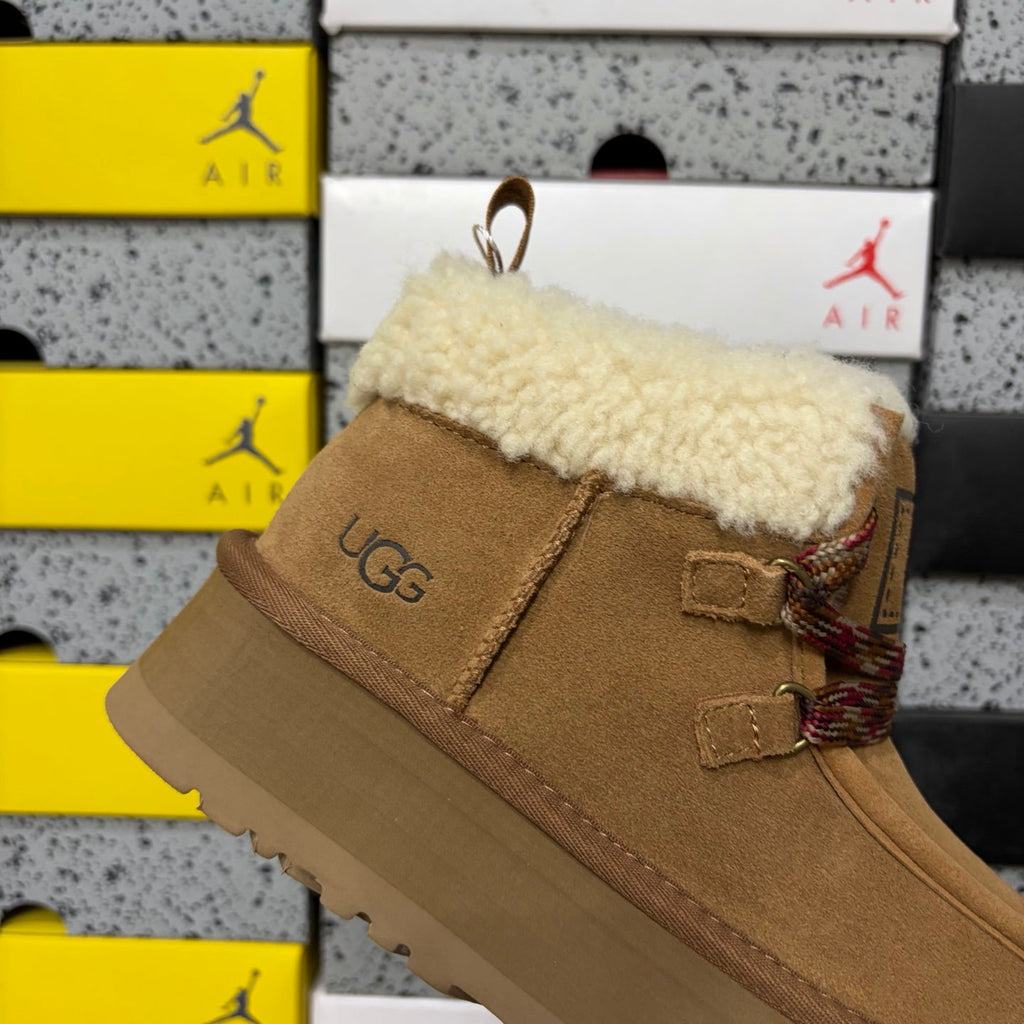 UGG Goldenstar Crafted Lace Women's Boot – Suede Moc-Toe Ankle Boot with Shearling Lining, Multi-Colour Woven Lace & Chunky Platform Sole in Chestnut