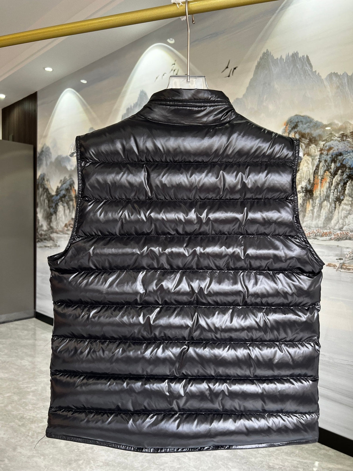 Moncler Gloss Nylon Down Vest with Chest Badge Patch and Zip Pockets