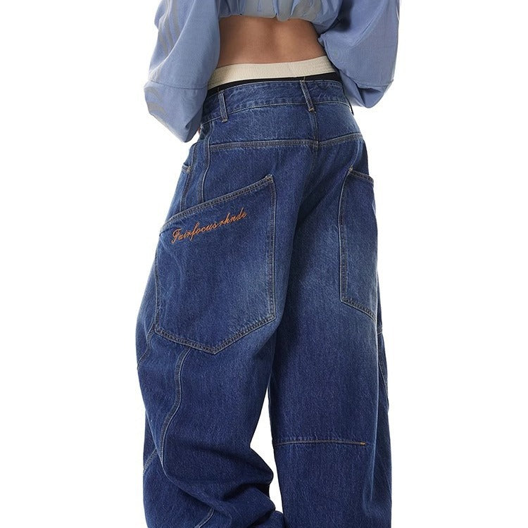 Y2K Vintage Ripped Curved Baggy Wide Leg Jeans Big Pocket Streetwear