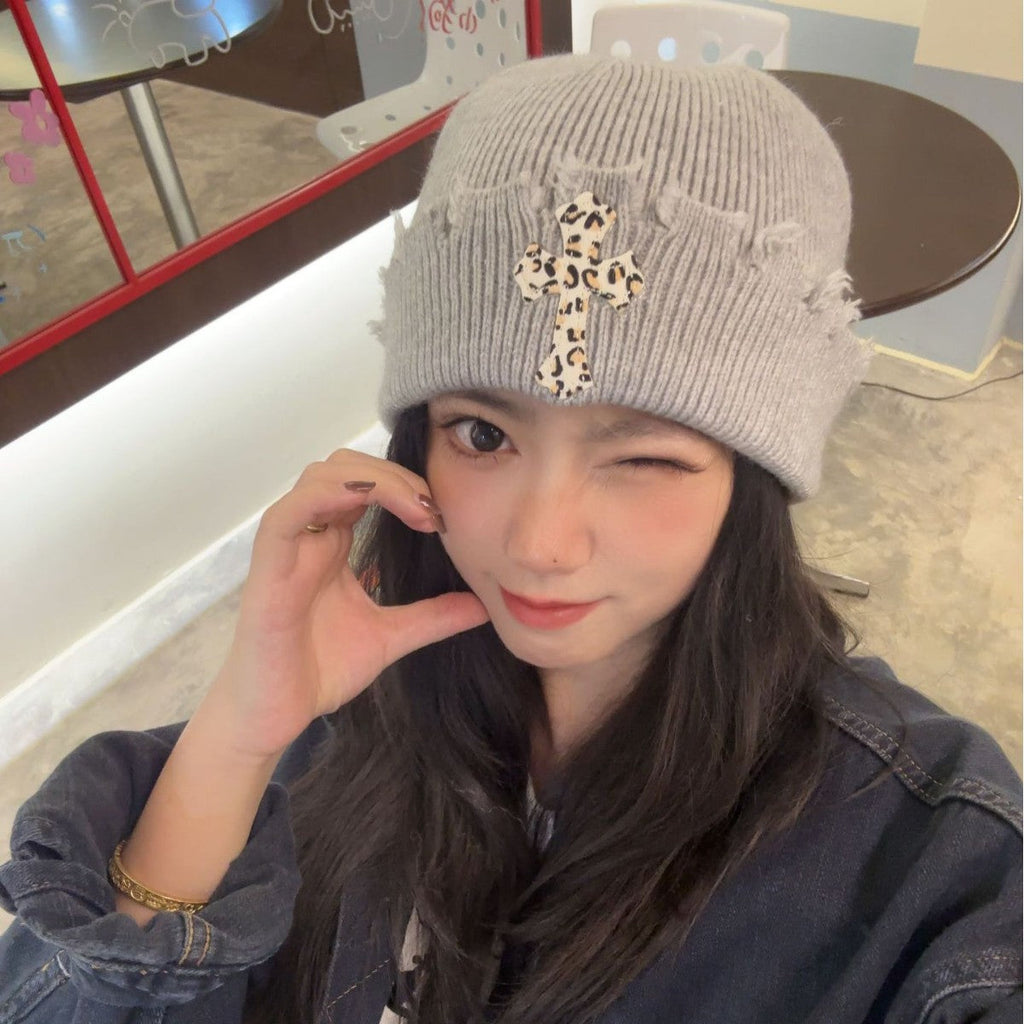 Leopard Cross Distressed Knit Beanie Cuffed Winter Hat Multi‑Style