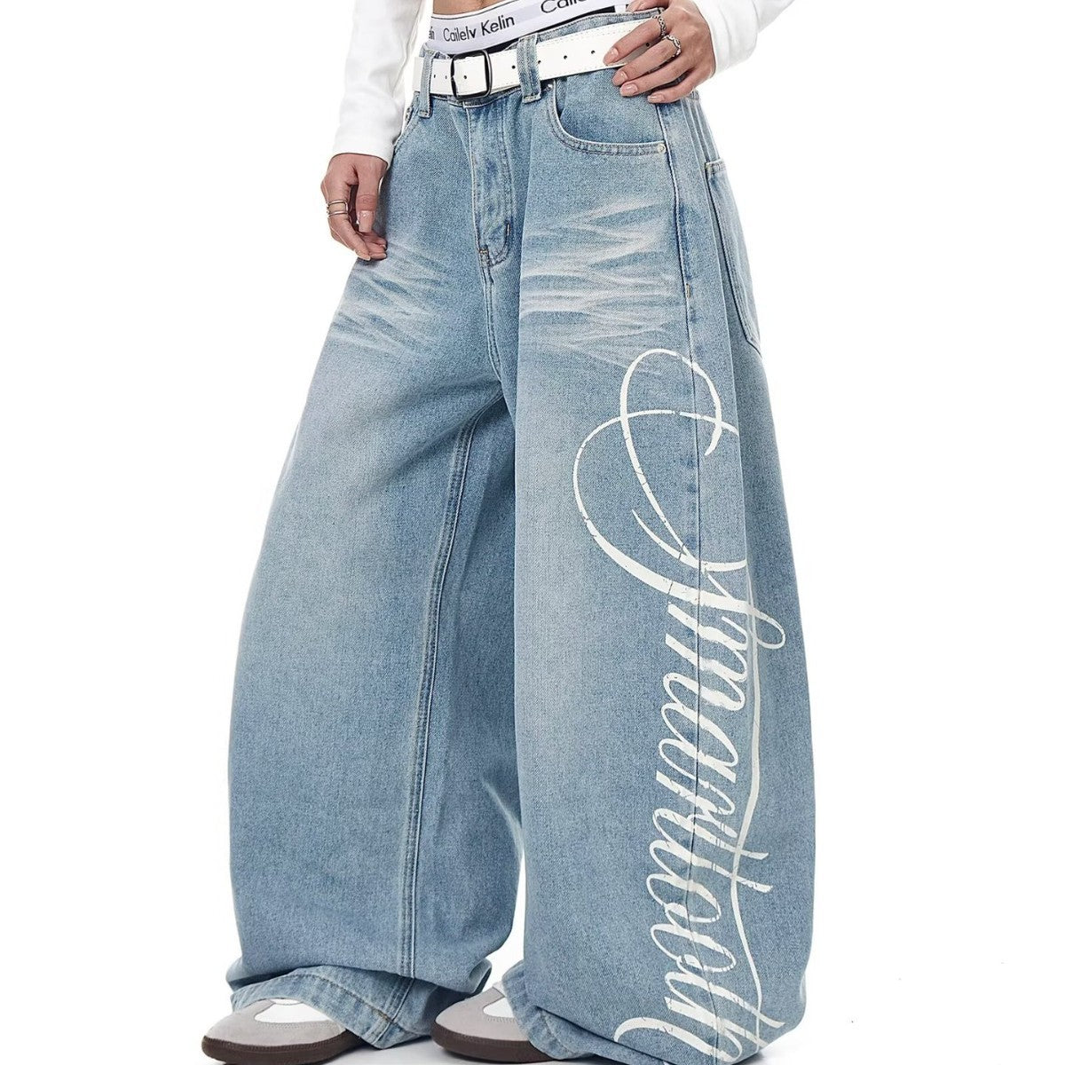 Y2K Vintage Ripped Curved Baggy Wide Leg Jeans Big Pocket Streetwear