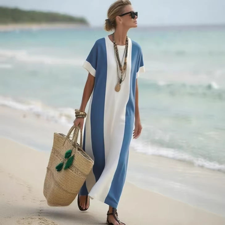 Boho Colorblock Short Sleeve Kaftan Maxi Beach Cover-Up