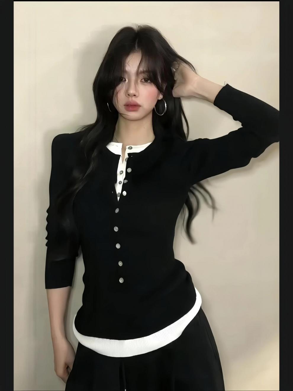 Mock Two‑Piece Button Slim Knit Long Sleeve Top Korean Fall Sweater