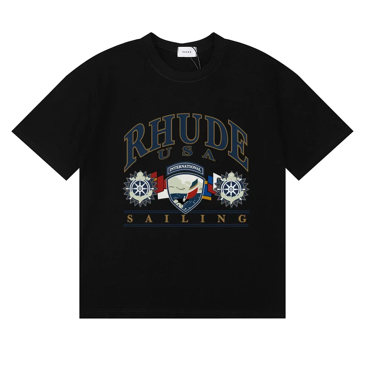 Rhude Arch Logo Sailing Wheel‑Flag Print Crew Neck Casual T‑Shirt