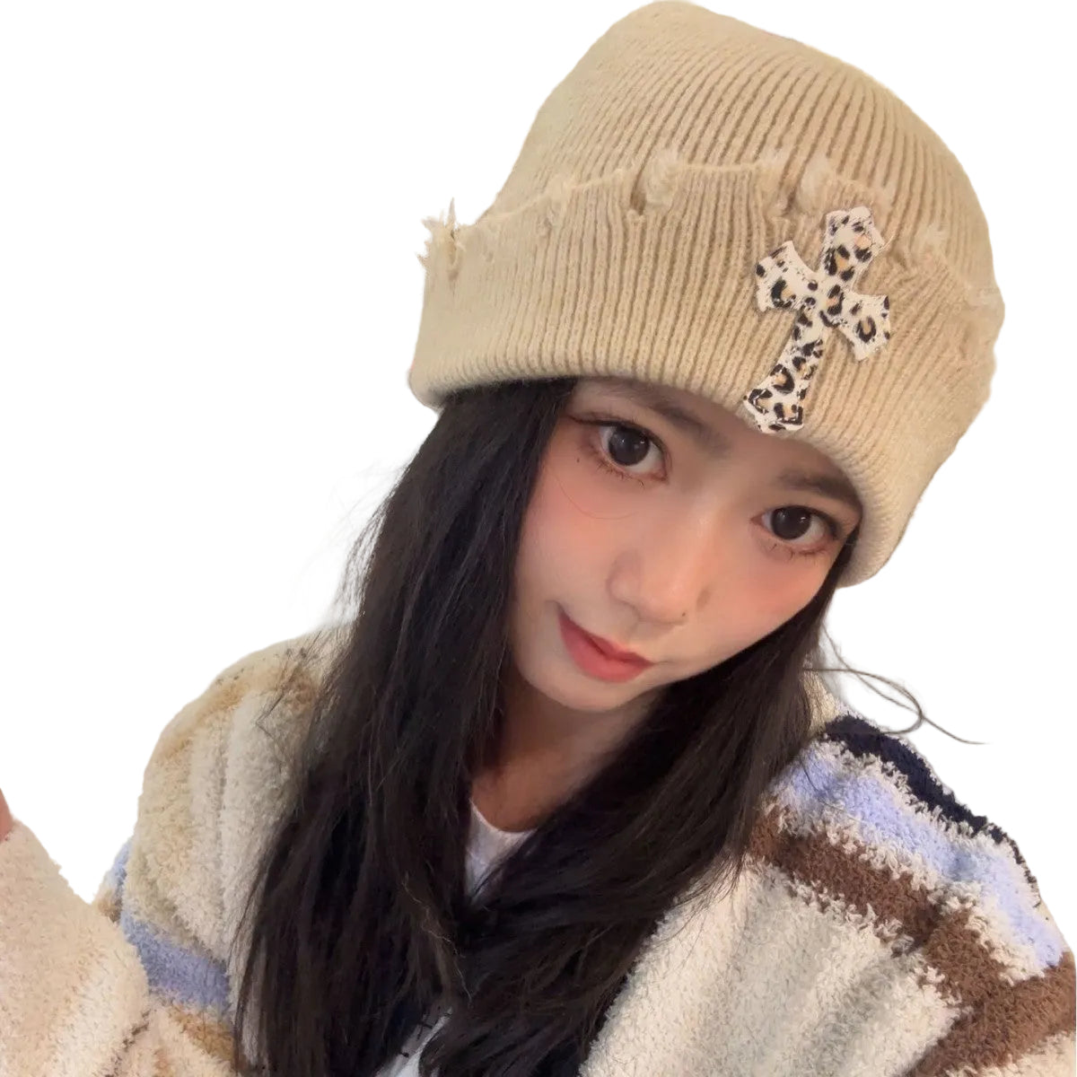 Leopard Cross Distressed Knit Beanie Cuffed Winter Hat Multi‑Style