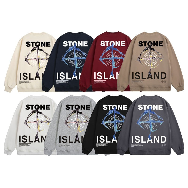 Stone Island Compass Print Crewneck Sweatshirt Men Winter Fleece Top