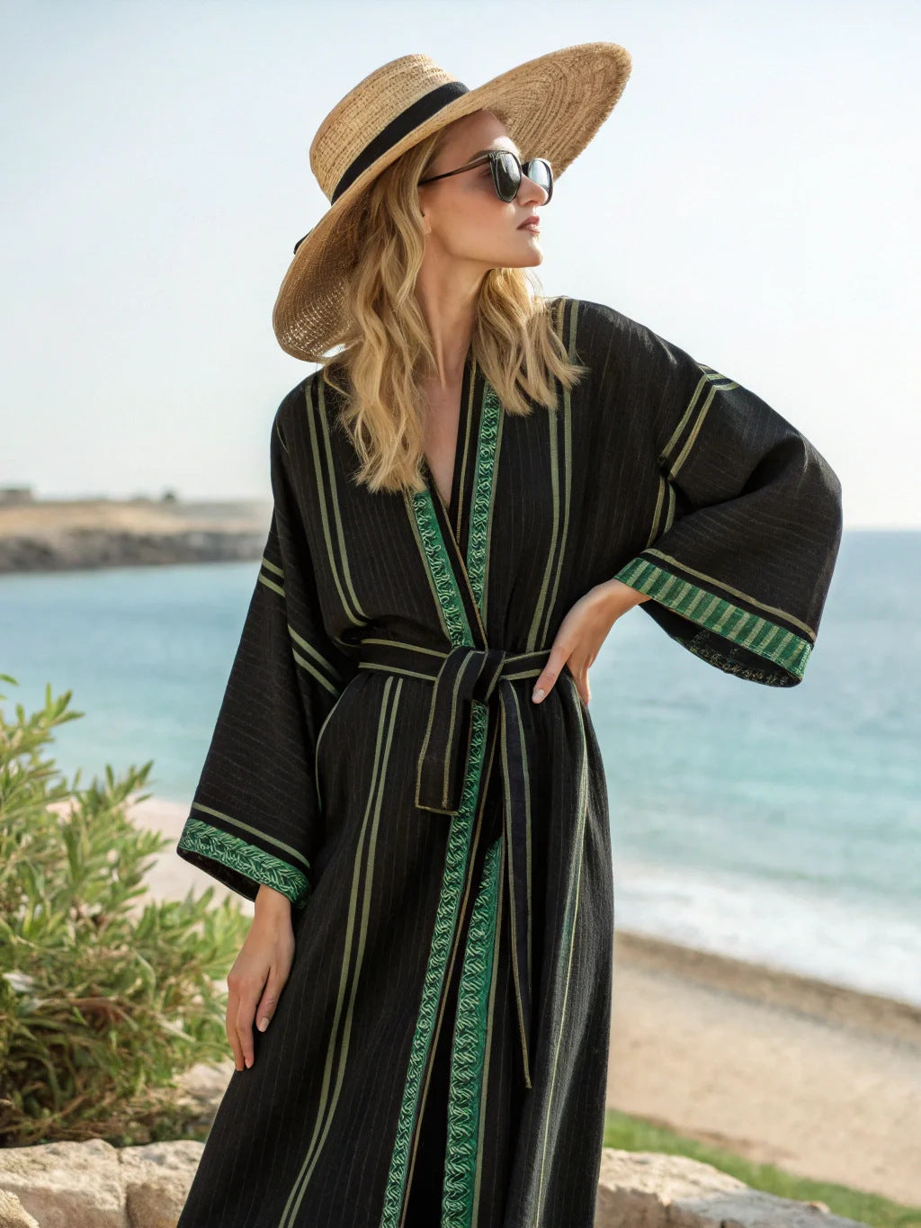 Boho Striped Belted Maxi Kaftan Beach Cover-Up