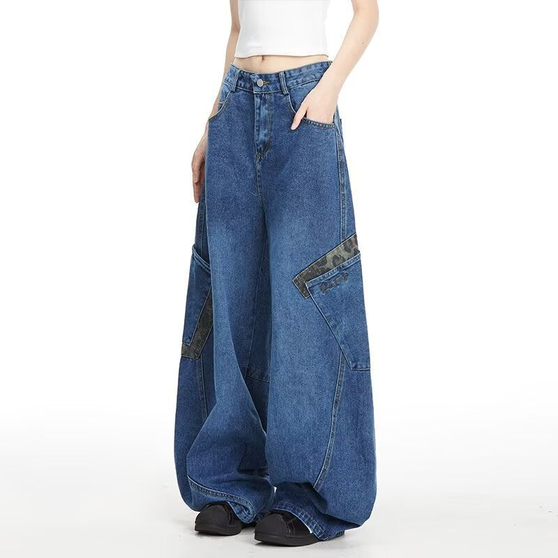 Y2K Vintage Ripped Curved Baggy Wide Leg Jeans Big Pocket Streetwear