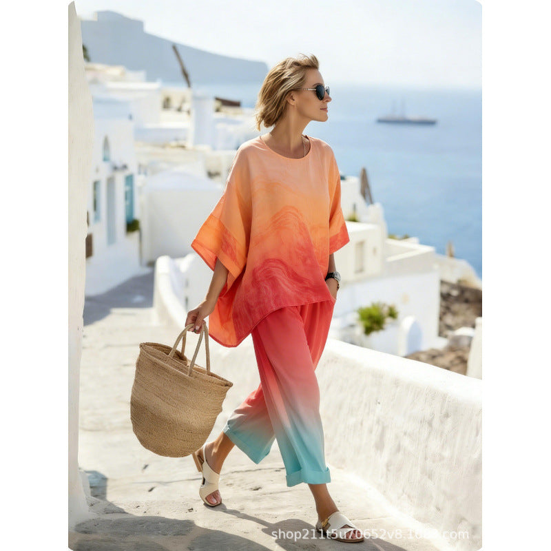 Women's Boho Gradient-Print Batwing Top and Pants Set