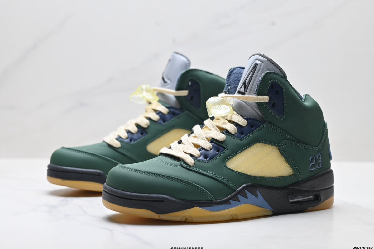 Air Jordan 5 Retro Green Gold Navy Sneakers