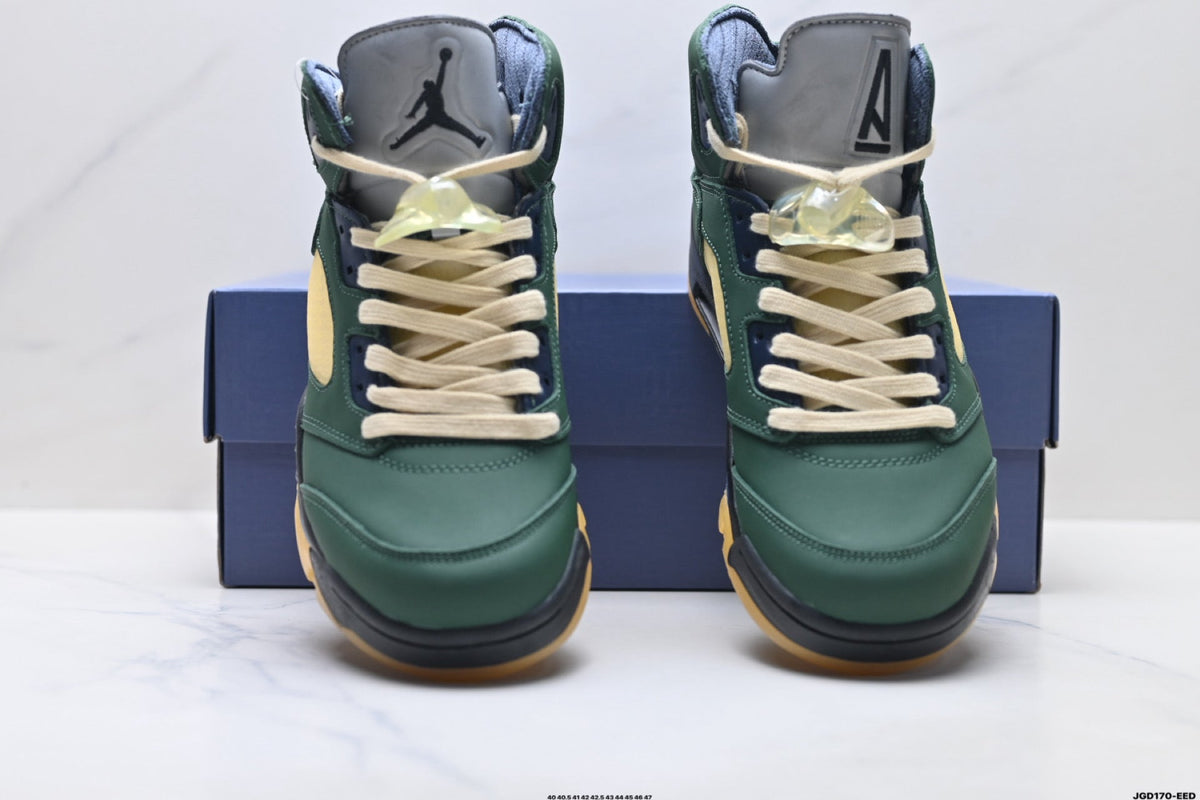 Air Jordan 5 Retro Green Gold Navy Sneakers