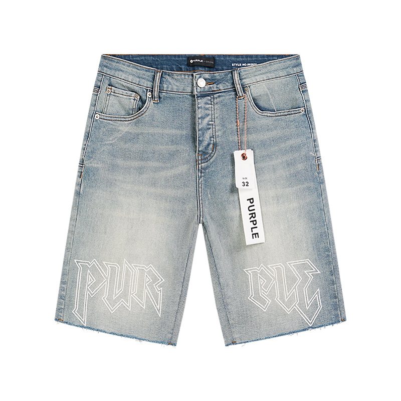 Purple Brand Light Blue Raw Hem Graphic Denim Shorts