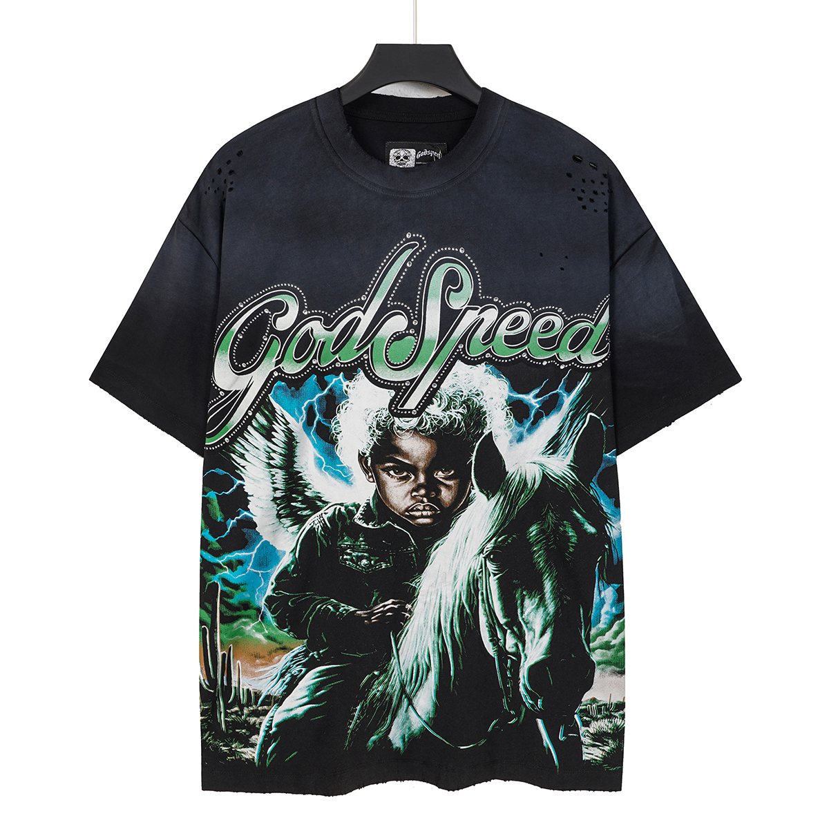 Godspeed Distressed Rhinestone Short-Sleeve Graphic T-Shirt