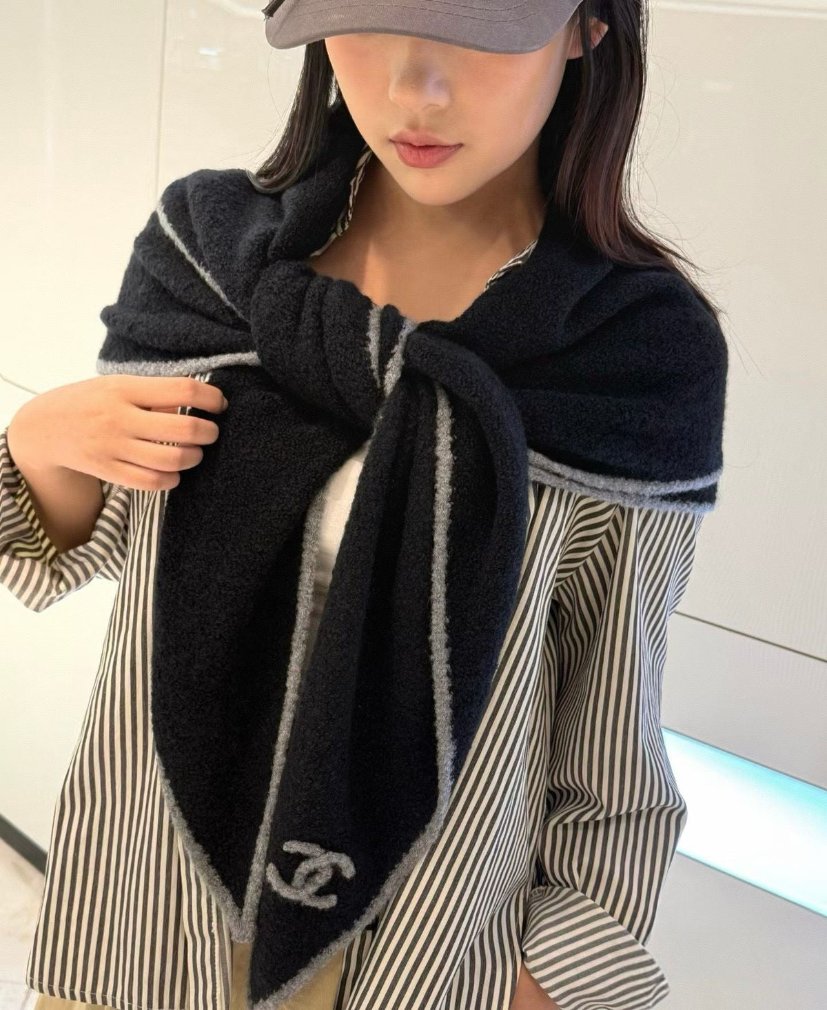 Chanel Style Fuzzy Triangle Logo Scarf