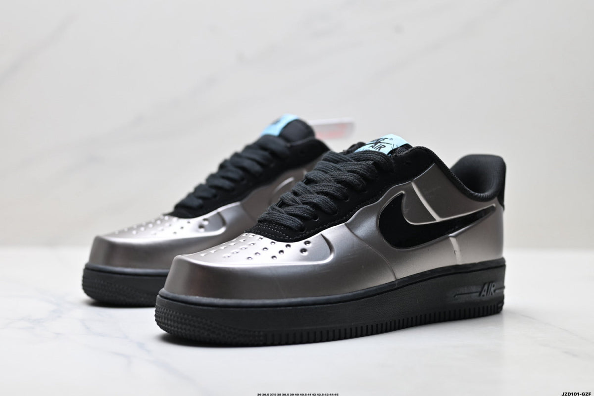 Nike Air Force 1 Low Black Silver Metallic Unisex Sneakers Style 04