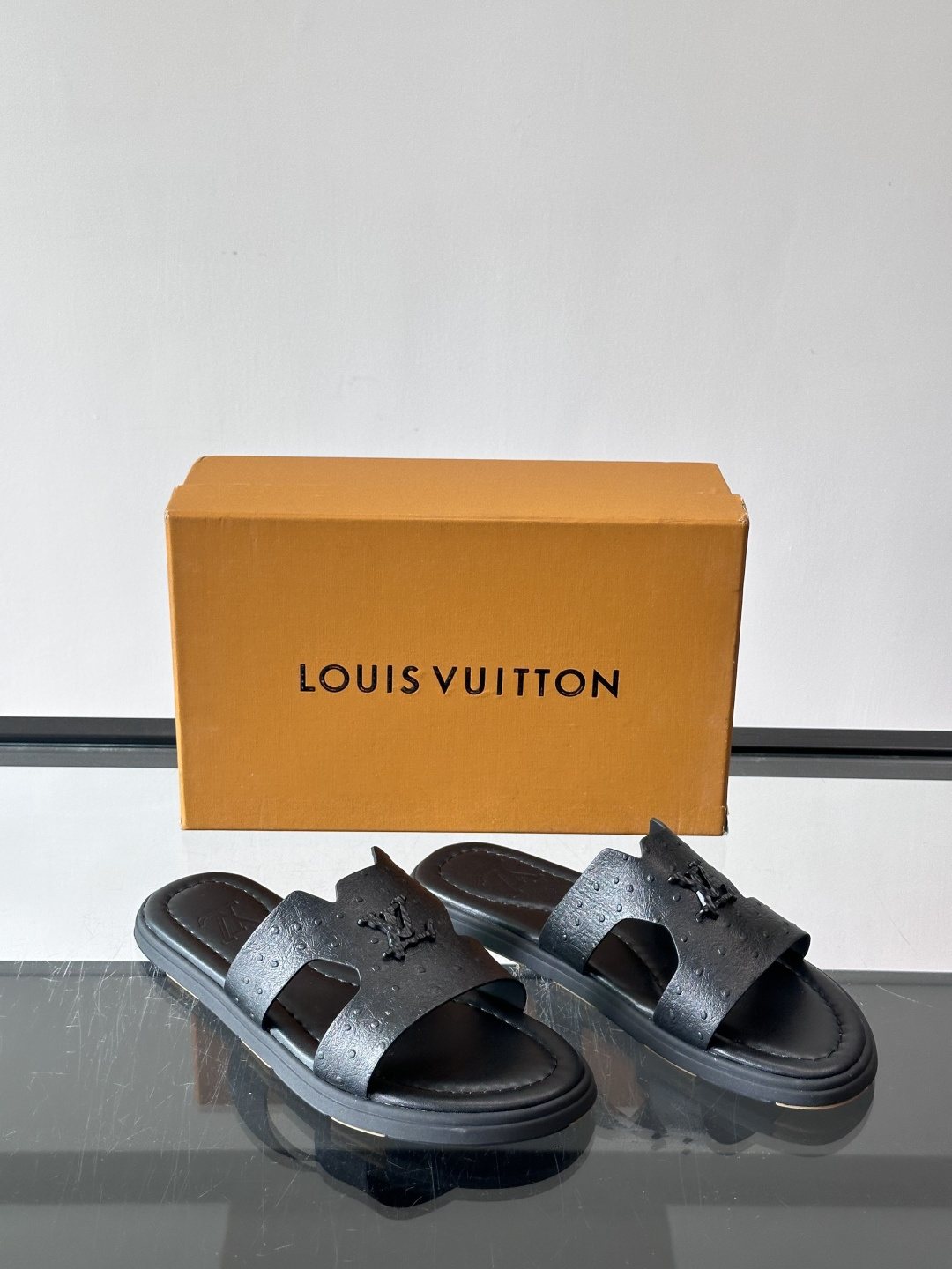 Louis Vuitton Black Embossed Slide Sandals - Rubber Sole
