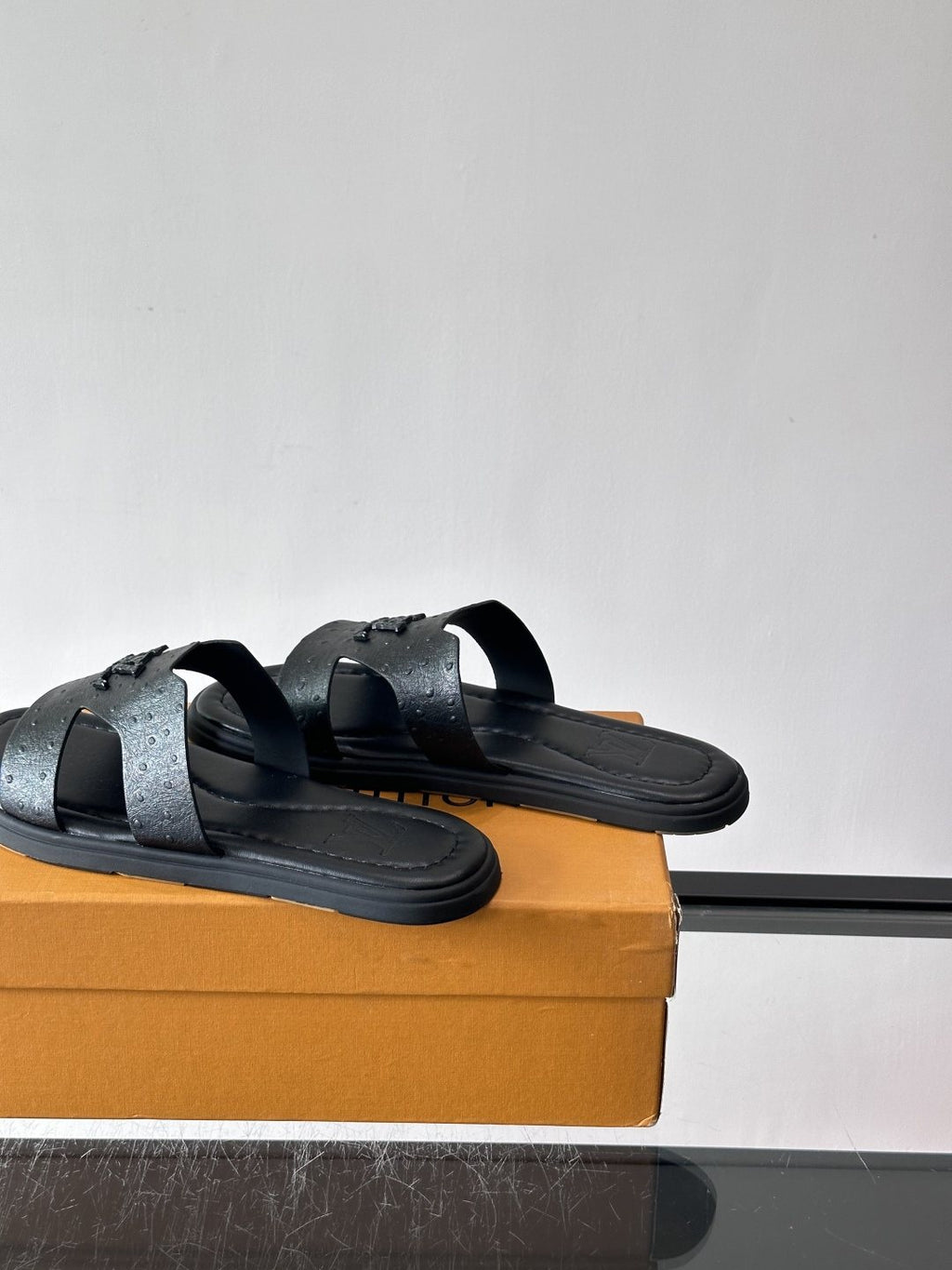 Louis Vuitton Black Embossed Slide Sandals - Rubber Sole