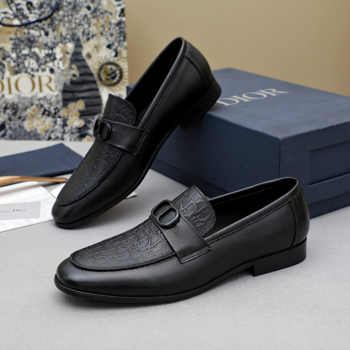 Dior Black Textured Buckle Loafers