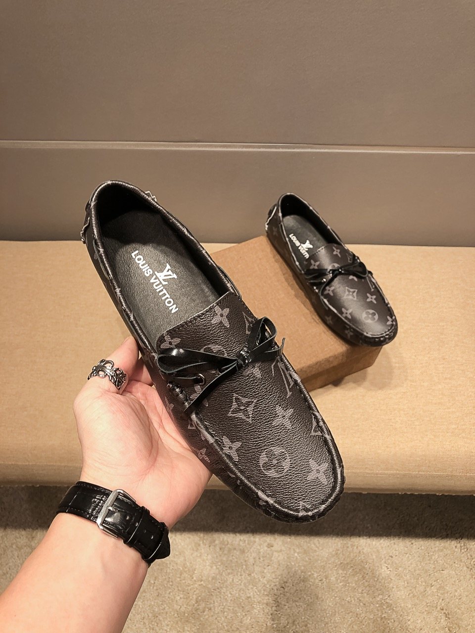 Louis Vuitton Dark Gray Monogram Bow Loafers