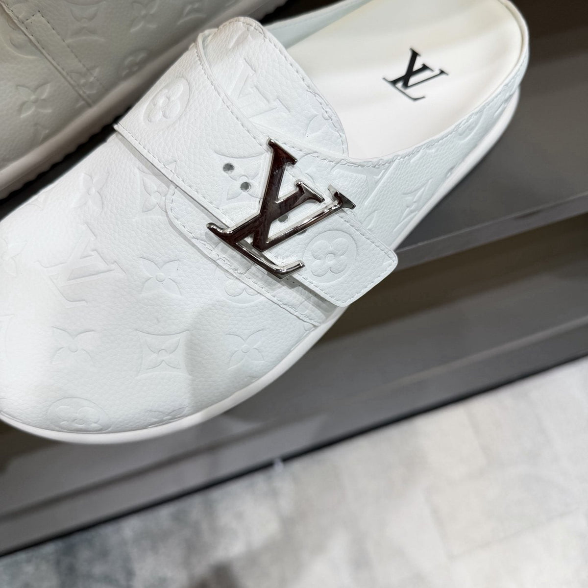 Louis Vuitton White Embossed Slide Sandals
