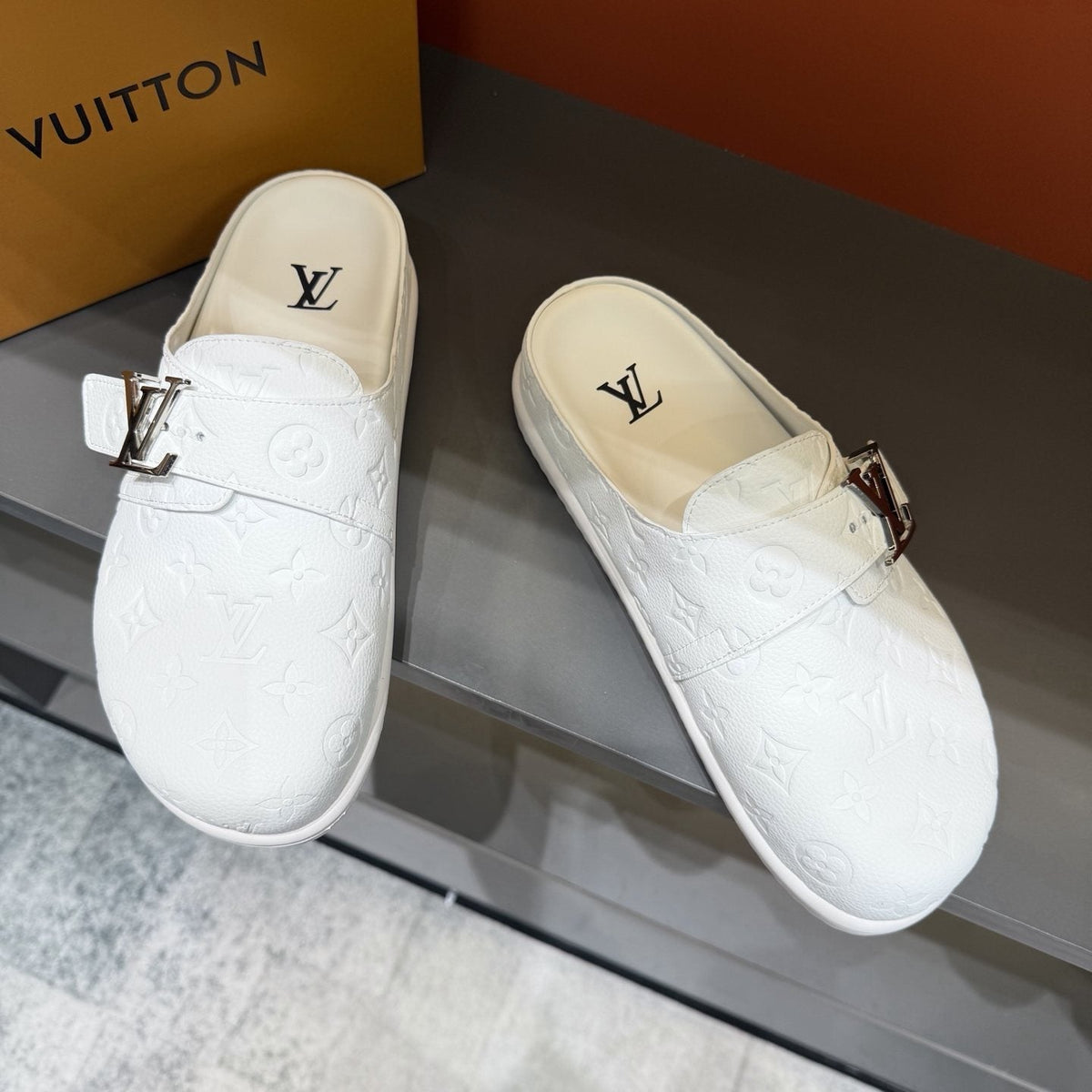 Louis Vuitton White Embossed Slide Sandals