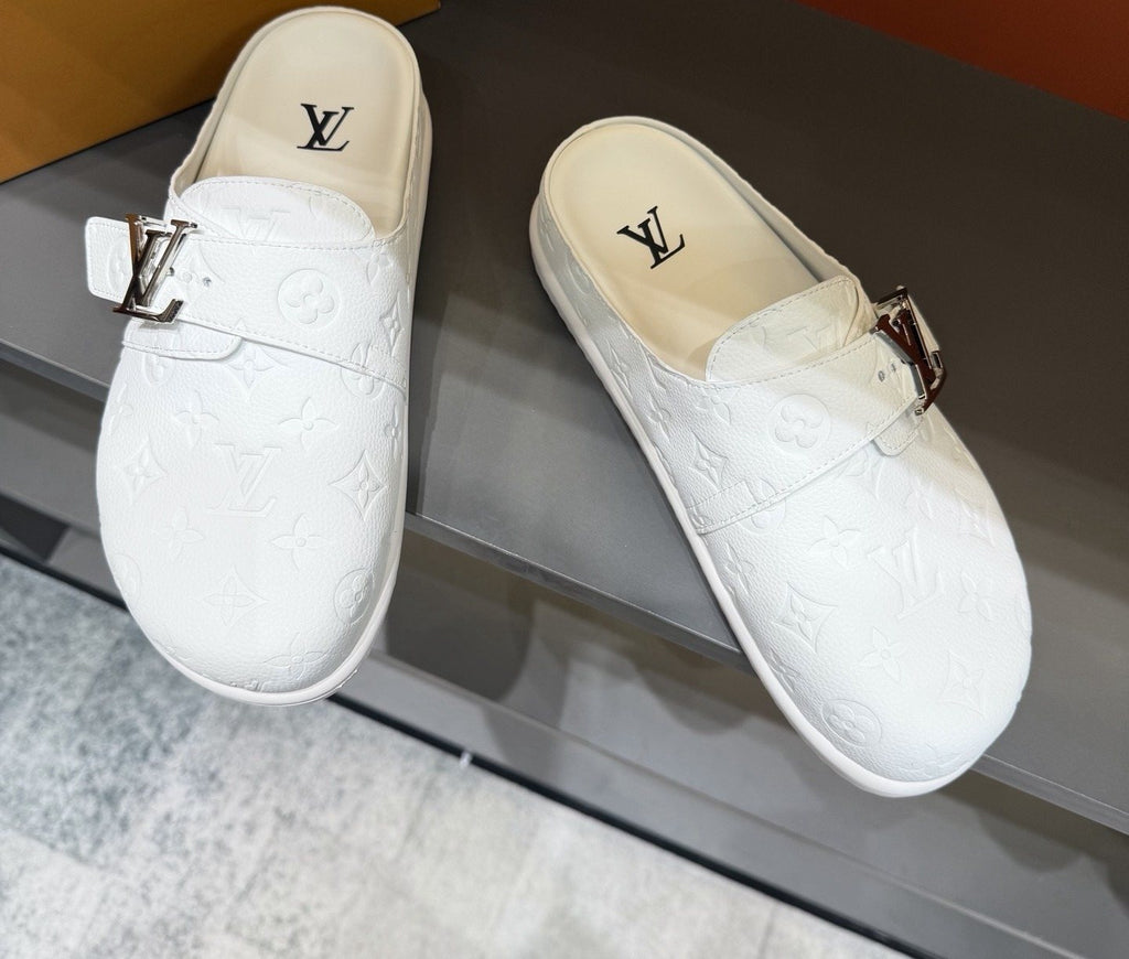 Louis Vuitton White Embossed Slide Sandals