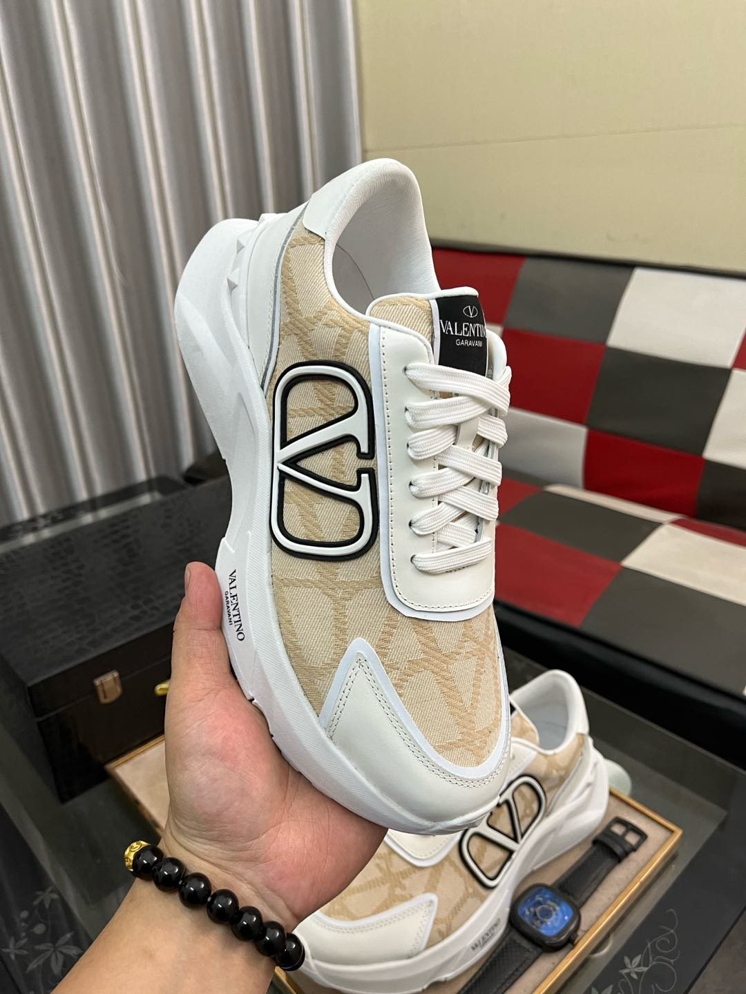 Valentino Cream and Beige V-Motif Sneakers