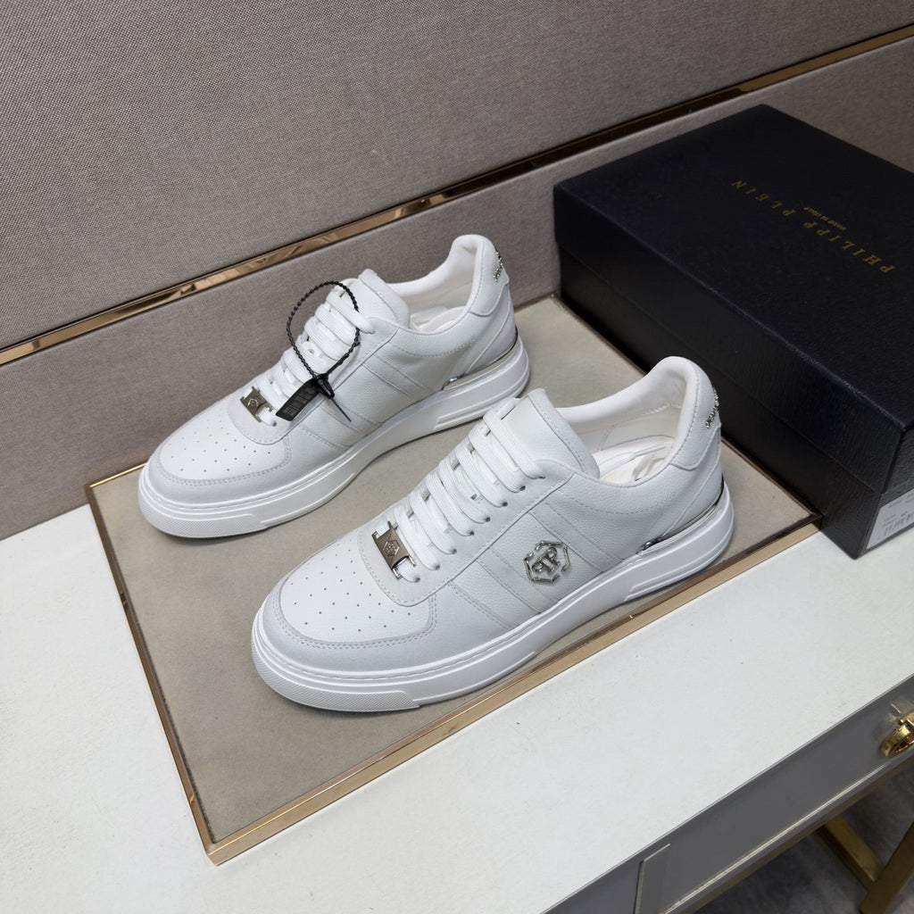 Philipp Plein White Low-Top Sneakers with Silver Accents