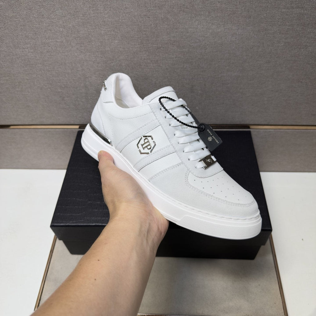 Philipp Plein White Low-Top Sneakers with Silver Accents