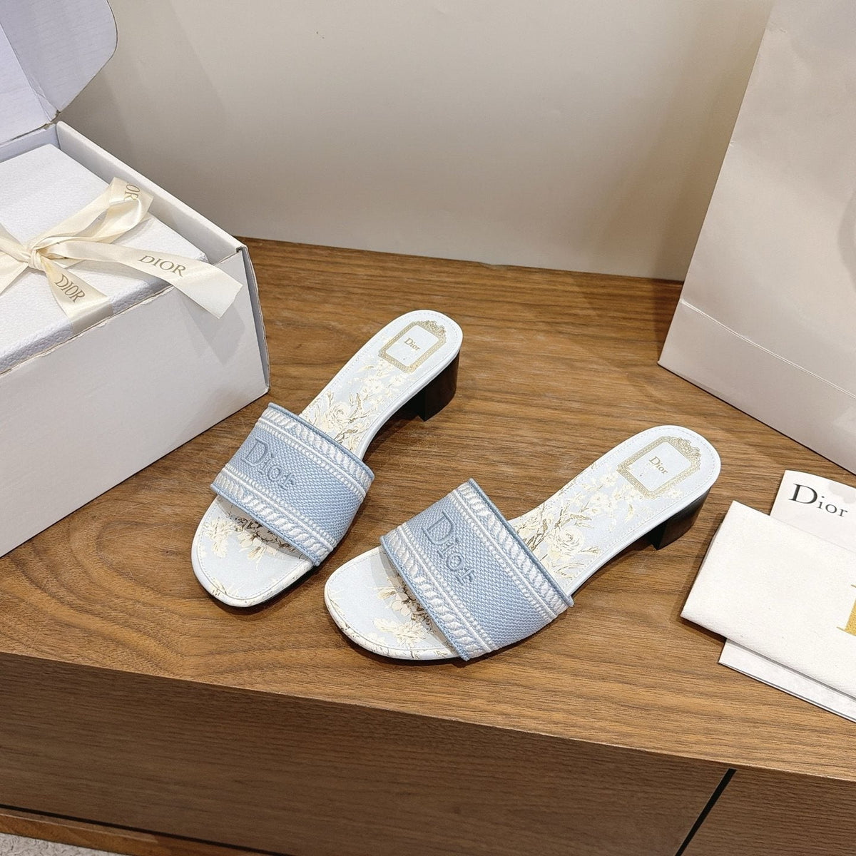 Dior Women's Light Blue Embroidered Slide Sandals
