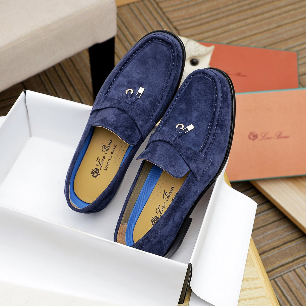Loro Piana Navy Blue Metal-Bar Loafers