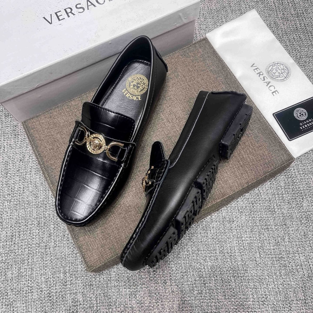 Versace Men's Black Gold-Tone Hardware Loafers - Stitched Toe Detail