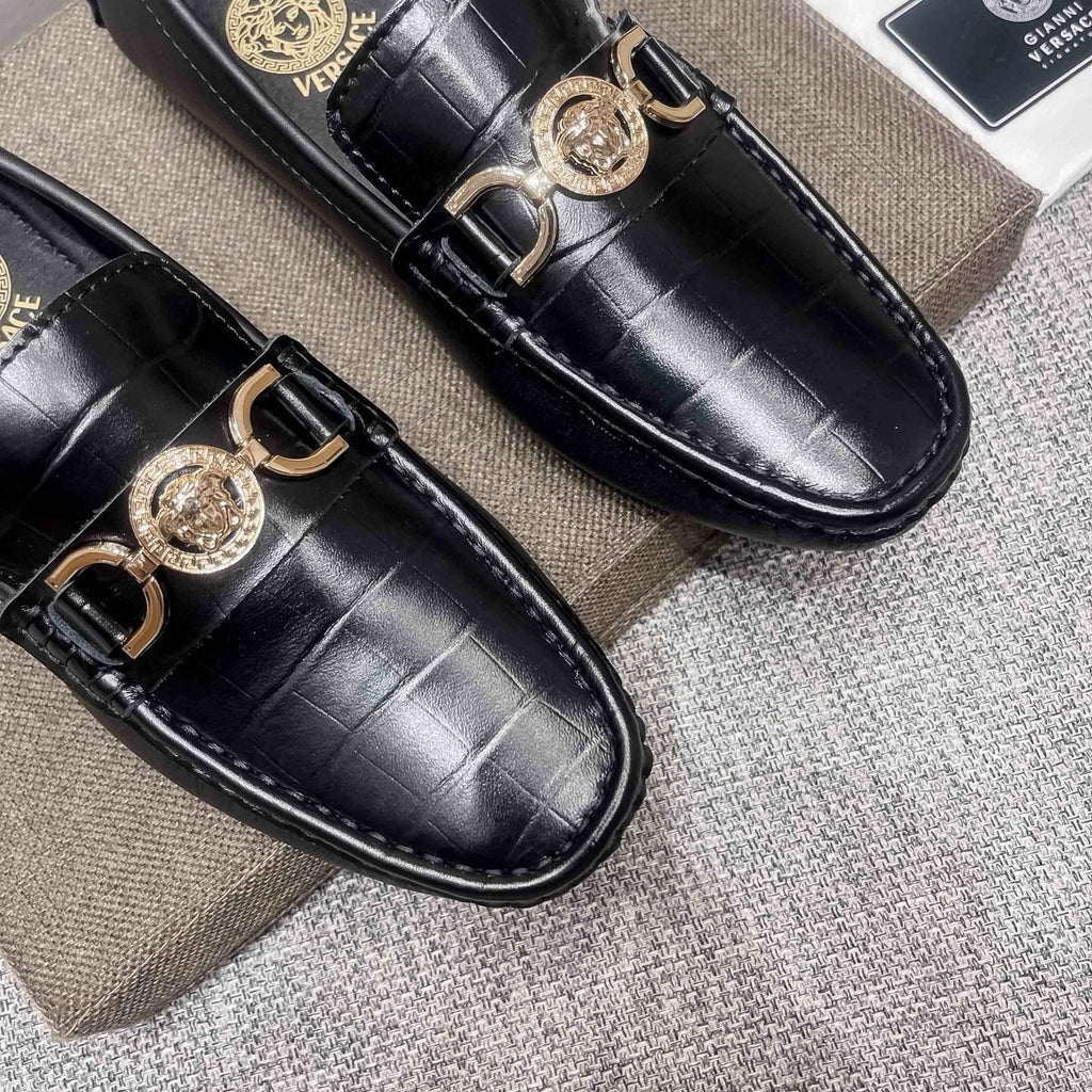 Versace Men's Black Gold-Tone Hardware Loafers - Stitched Toe Detail