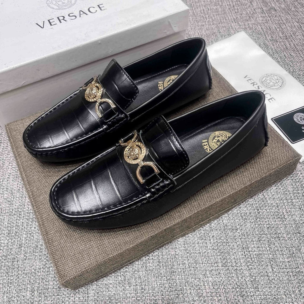 Versace Men's Black Gold-Tone Hardware Loafers - Stitched Toe Detail