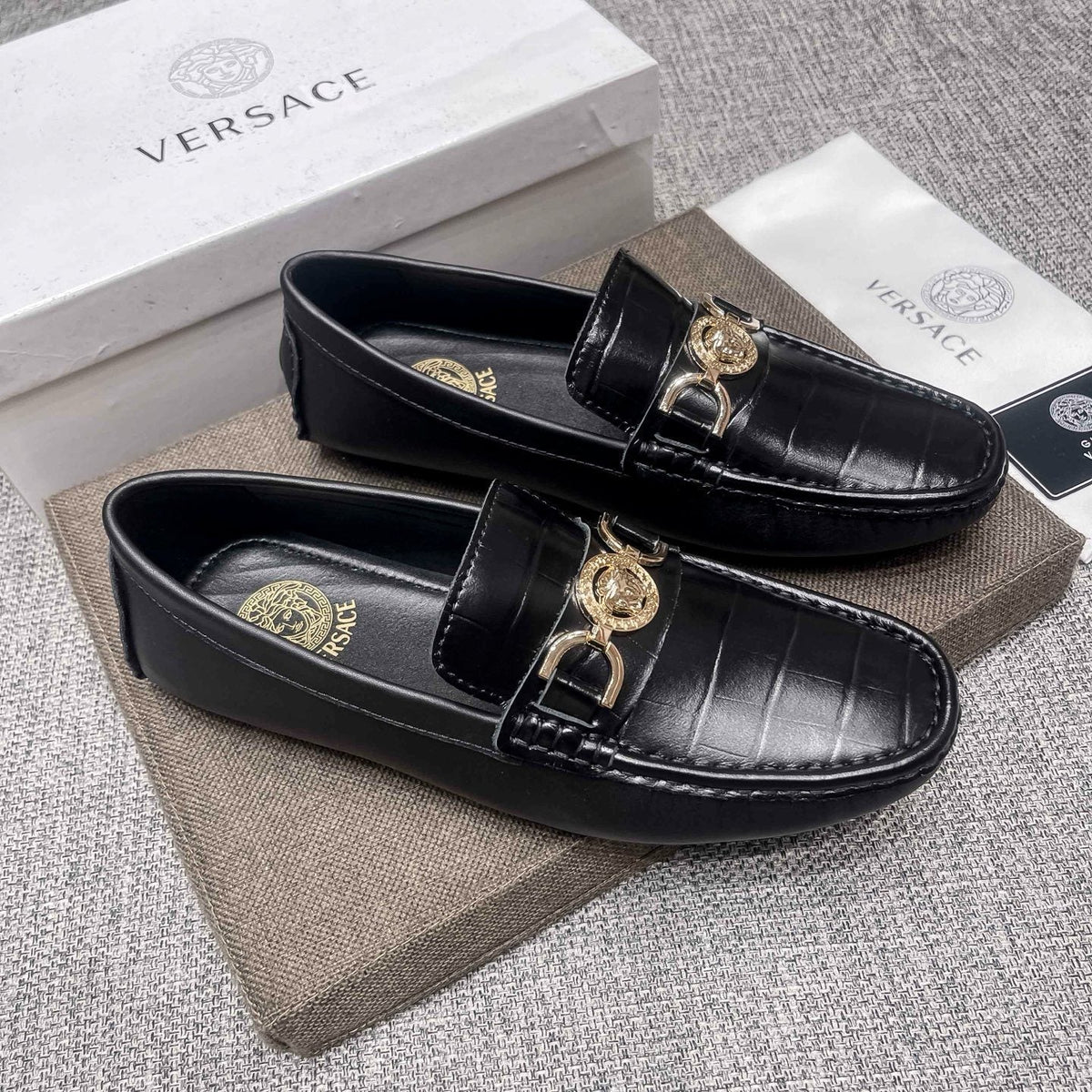 Versace Men's Black Gold-Tone Hardware Loafers - Stitched Toe Detail