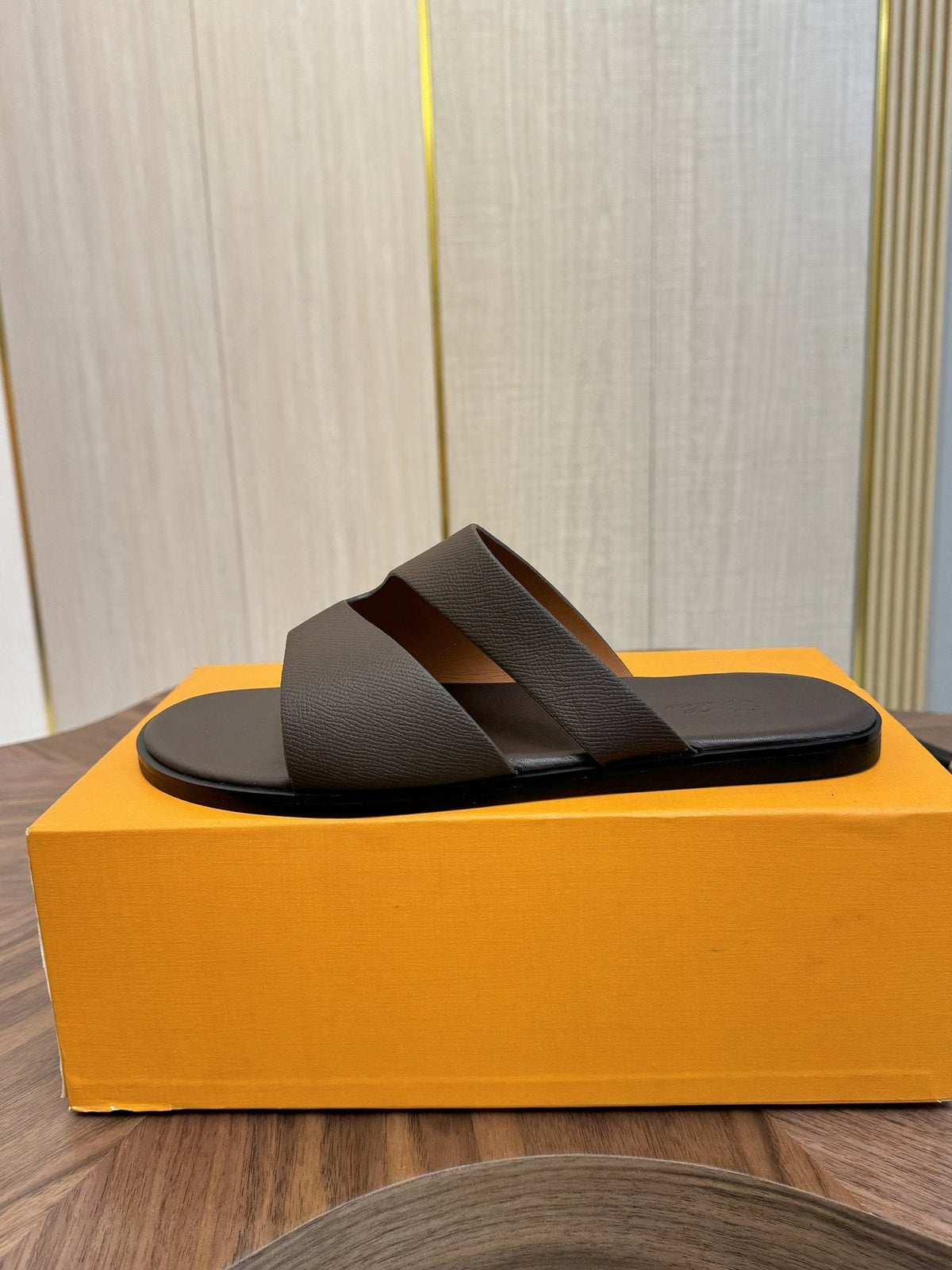 Loro Piana Men's Dark Brown Leather Slide Sandals