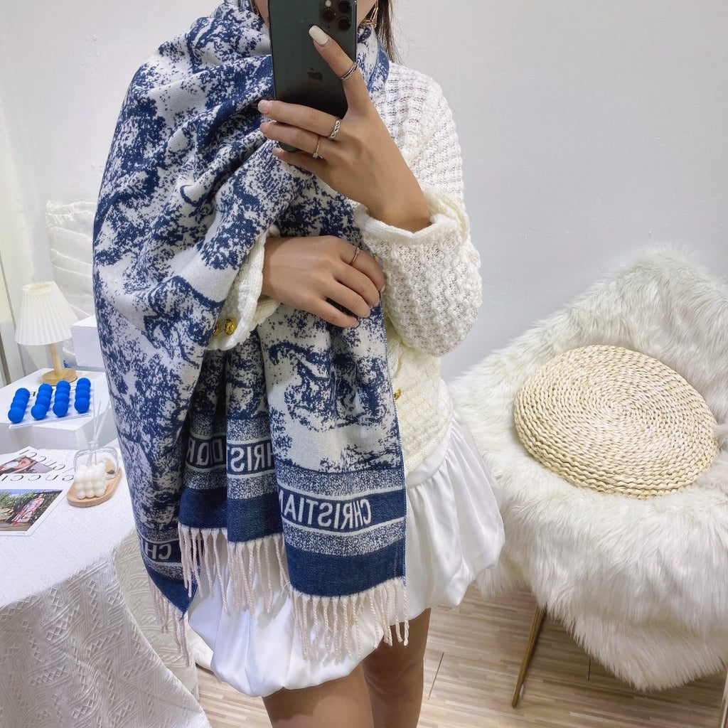 Dior Blue & White Toile Fringed Scarf