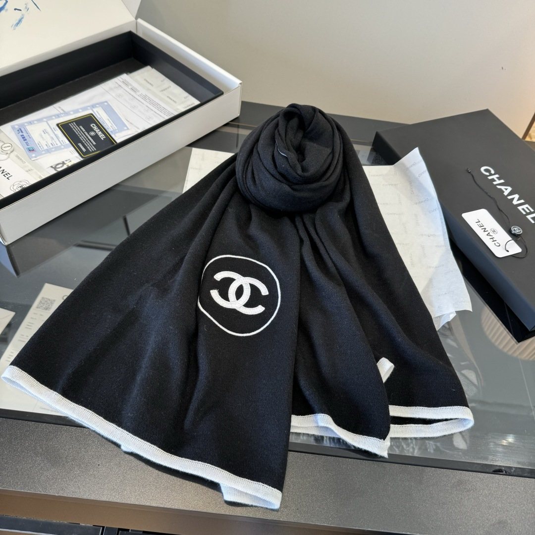 Chanel Reversible Contrast Trim Scarf Shawl