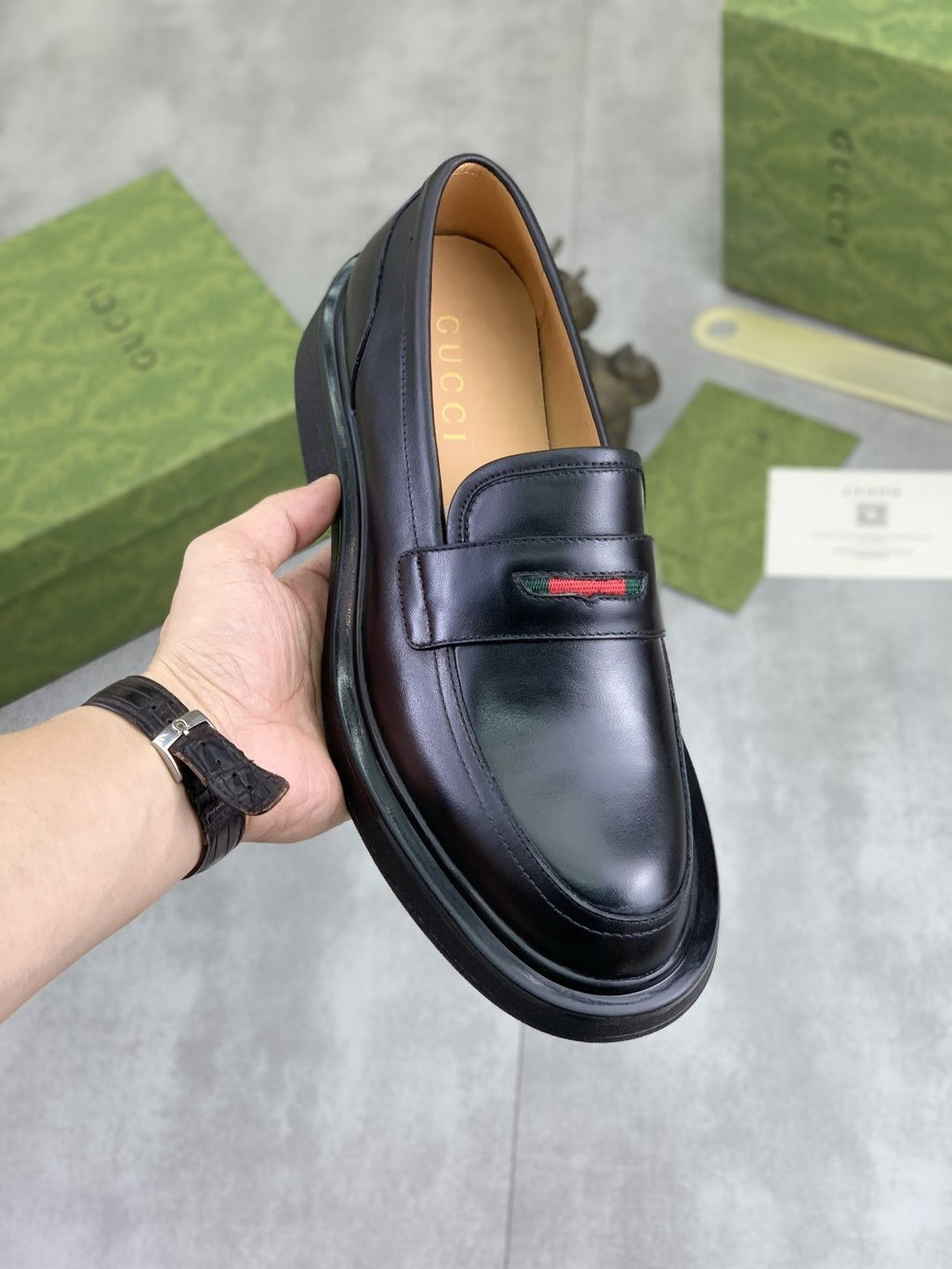 Gucci Black Loafers with Red and Green Accent