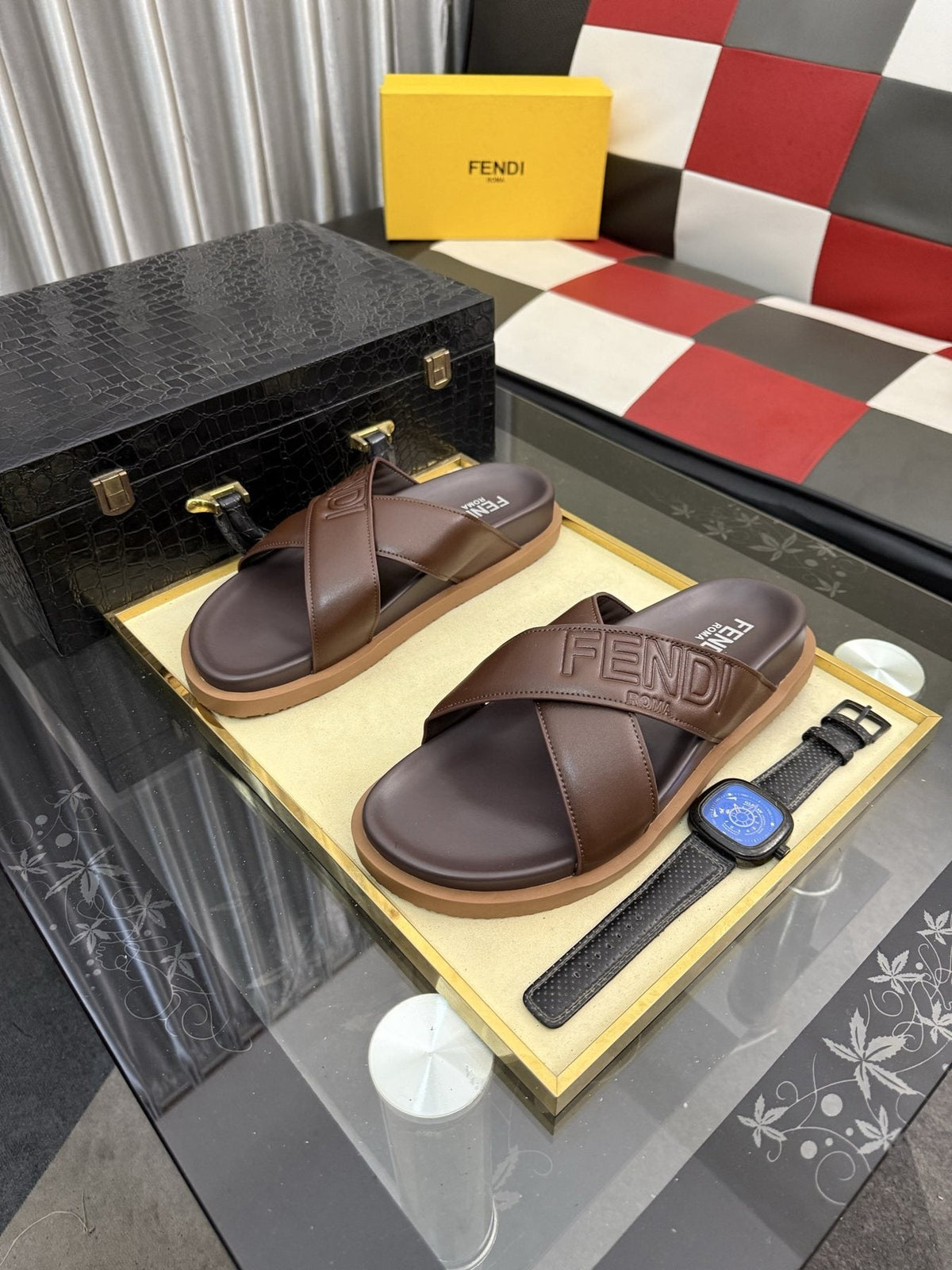 Fendi Embossed Cross-Strap Slide Sandals