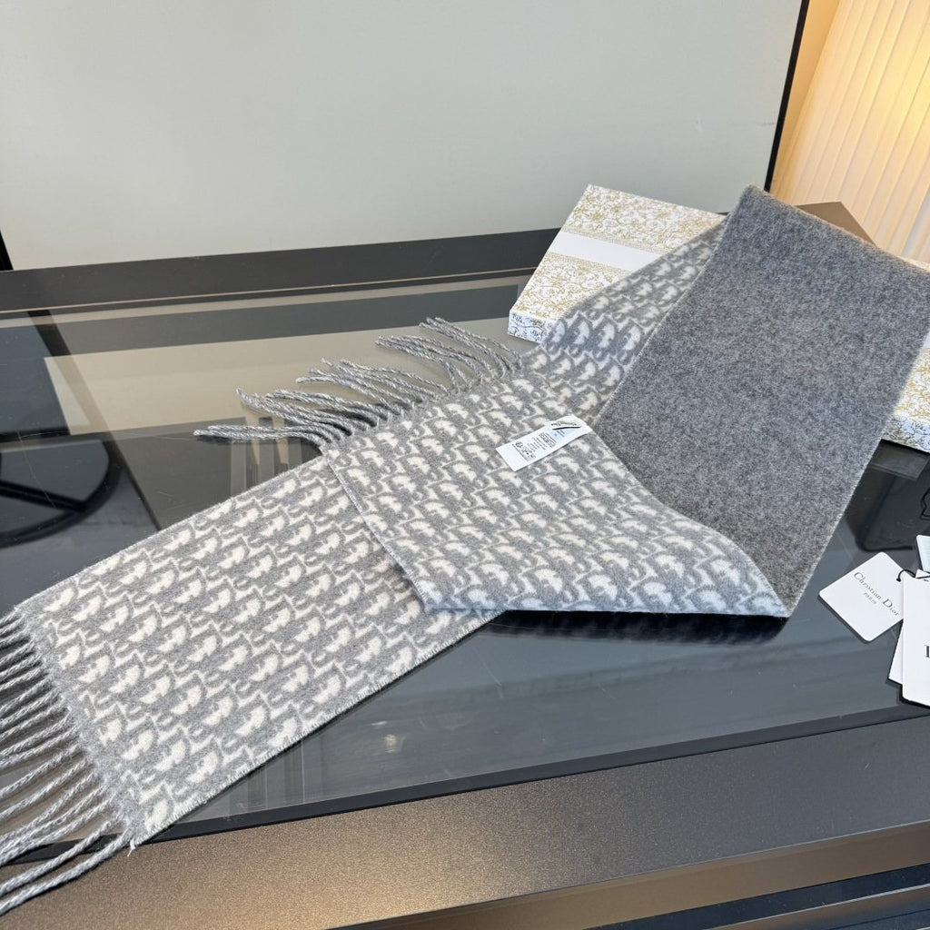 Dior Gray & Ivory Fringed Scarf