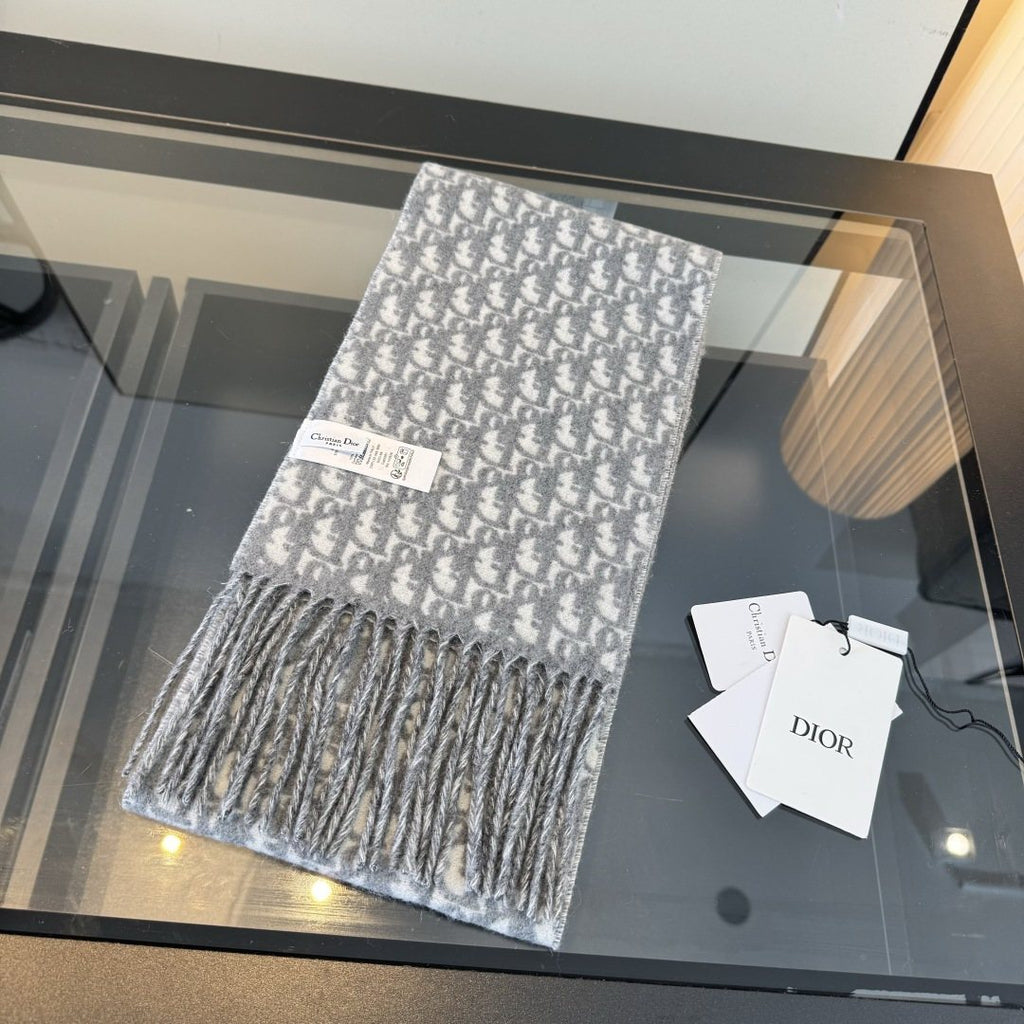 Dior Gray & Ivory Fringed Scarf