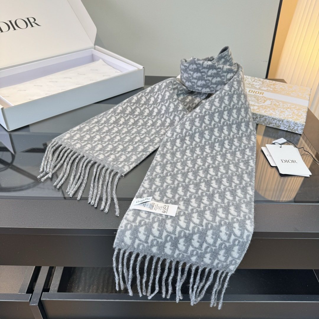 Dior Gray & Ivory Fringed Scarf